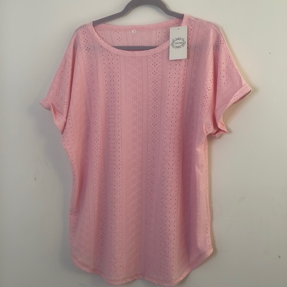 Pink Eyelet Lace Blouse Womens 1X Flowy Short Sleeve Top NWT